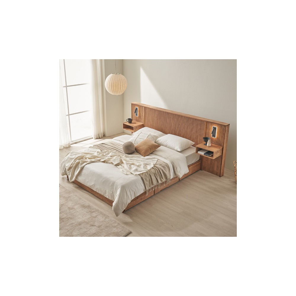 제니아 원목 호텔식 수납 퀸침대Q+LED조명협탁2개